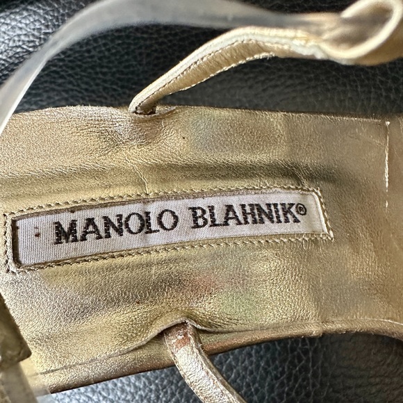 MANOLO BLAHNIK METALLIC GOLD LEATHER CLEAR PVC STRAPPY HEELS SANDALS THONG 40.5 - Picture 7 of 12